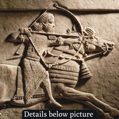 A relief sculpture depicting Ashurbanipal, an Assyrian king, slaying a lion with a writing stylus tucked into his belt